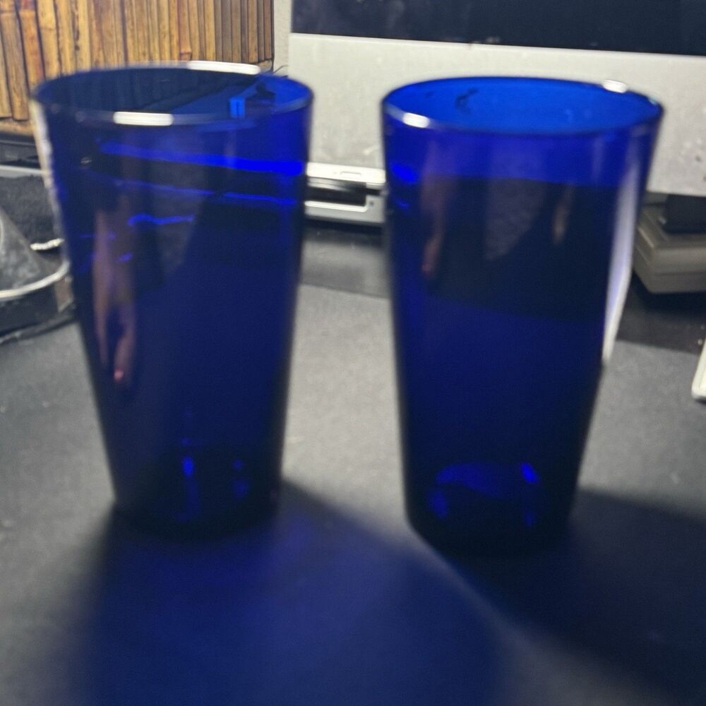 Vintage Libbey Cobalt Blue Glass Tumbler Round Bottom Tall 16oz Set of 2